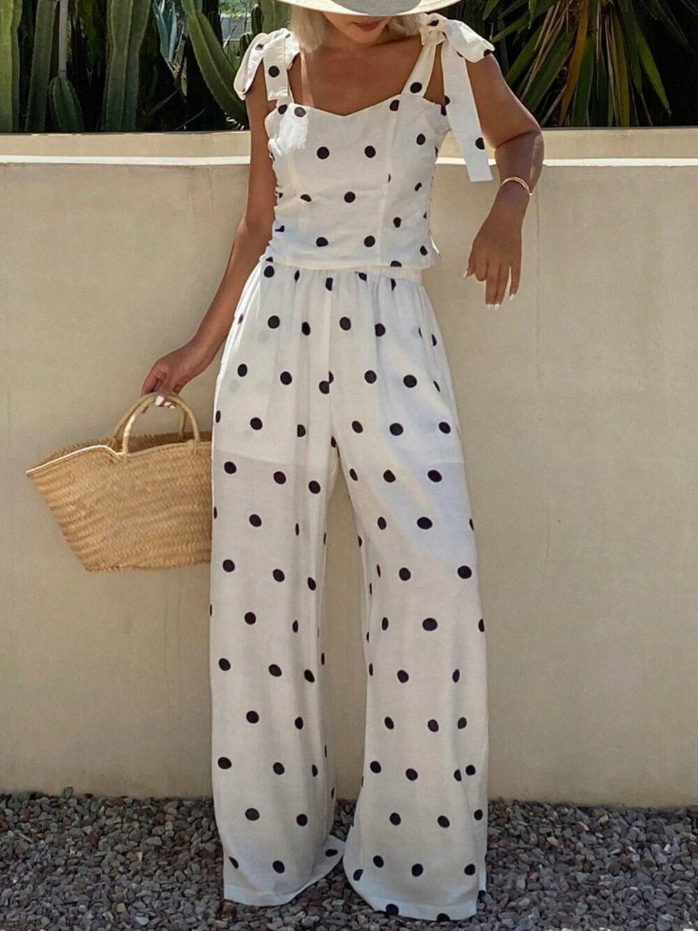 White Casual Women's Polka Dot Print Camisole Top & Loose Straight Leg Pants Set